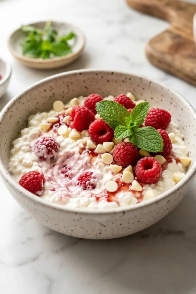 raspberry-white-chocolate-bowl-healthy-cottage-cheese-breakfast-ideas