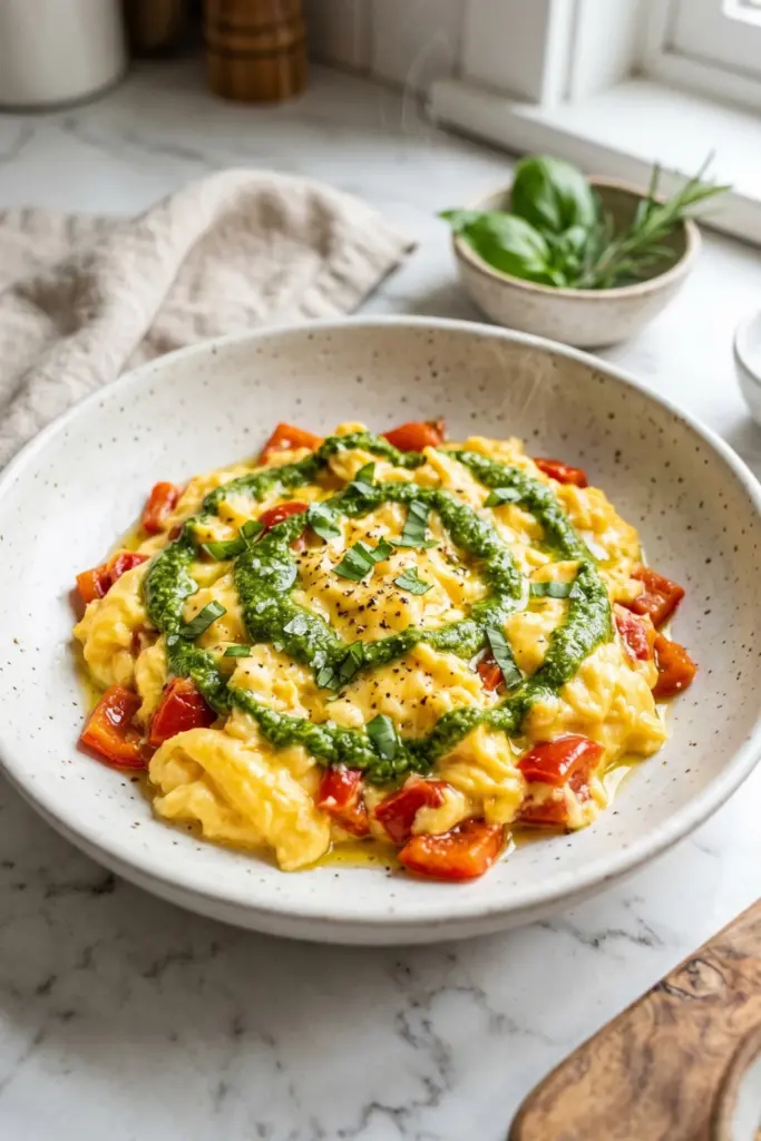 roasted-red-pepper-basil-pesto-drizzle-luxury-scrambled-veggie-breakfast-ideas