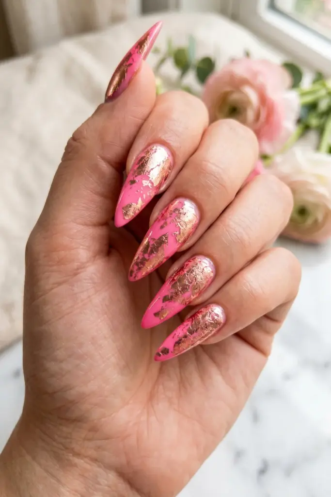 rose-gold-foil-accents-girly-stiletto-summer-nail-designs-ideas