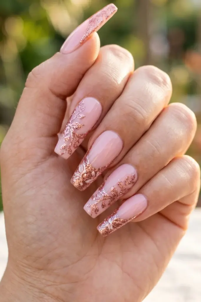 rose-gold-glitter-floral-accents-stunning-floral-french-tip-press-on-summer-nails-designs-ideas