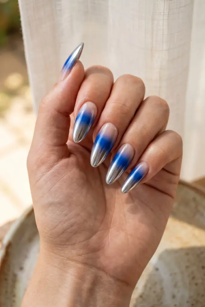 royal-blue-silver-chrome-fade-almond-ombre-summer-nails