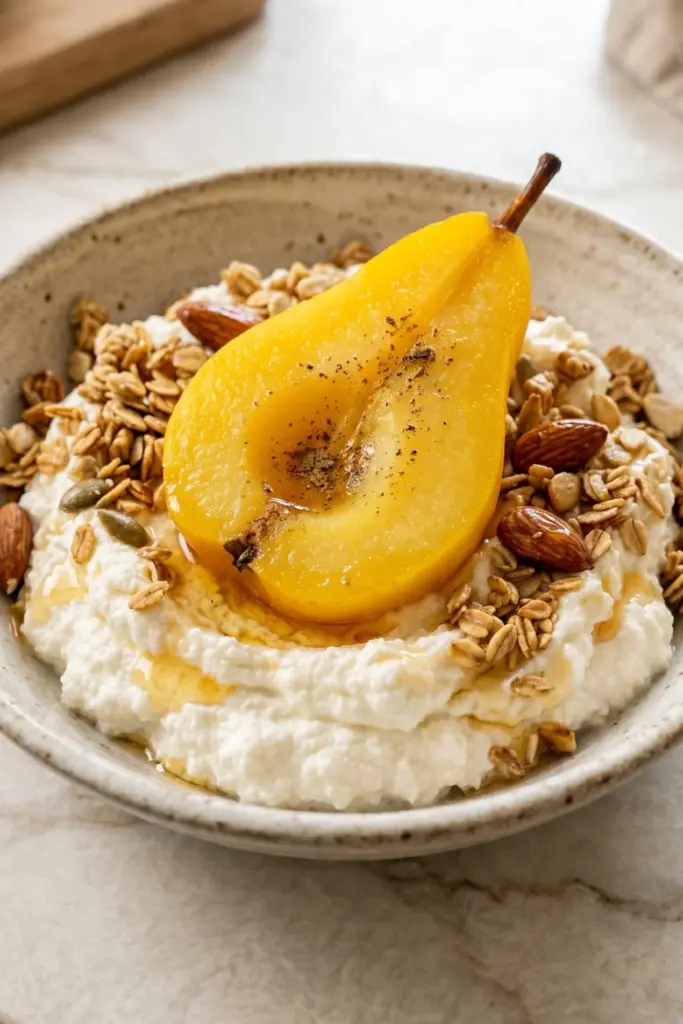 saffron-poached-pear-ricotta-bowl-luxury-breakfast-burrito