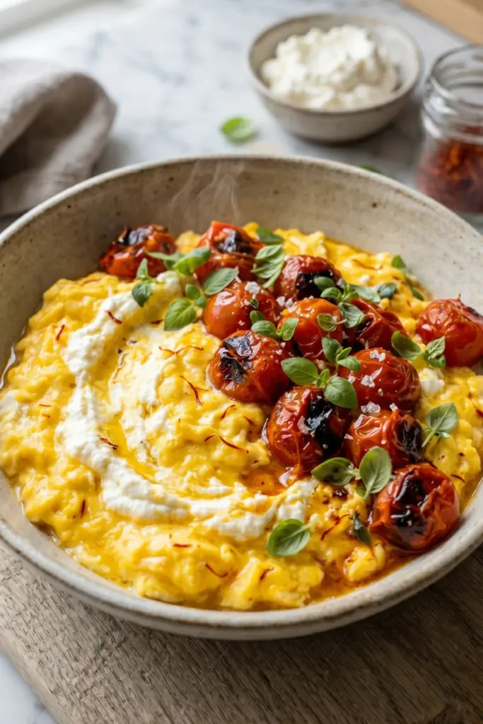 saffron-ricotta-roasted-cherry-tomatoes-luxury-scrambled-veggie-breakfast-ideas