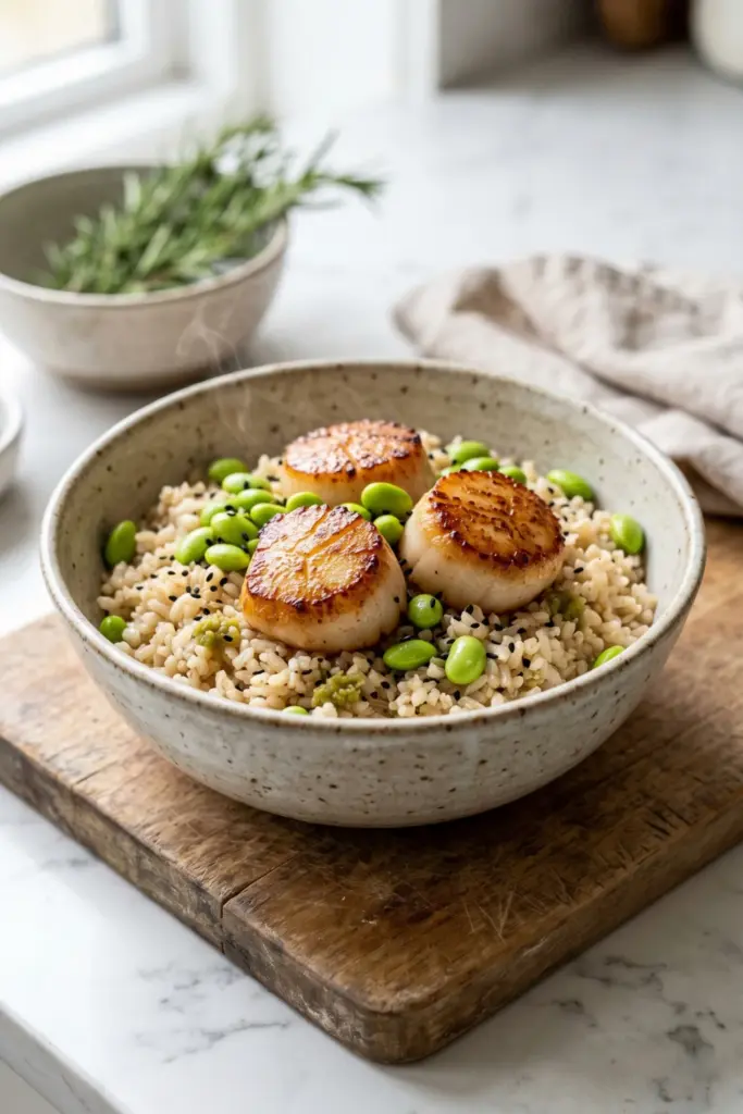 seared-scallops-yuzu-kosho-brown-rice-bowl-luxury-breakfast-burrito
