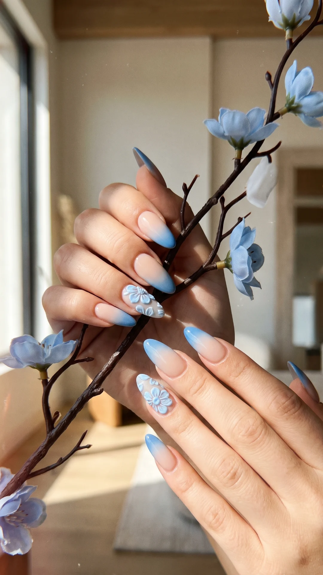 Simple Almond Blue Ombre Long Summer Nail Designs for Summer 2026