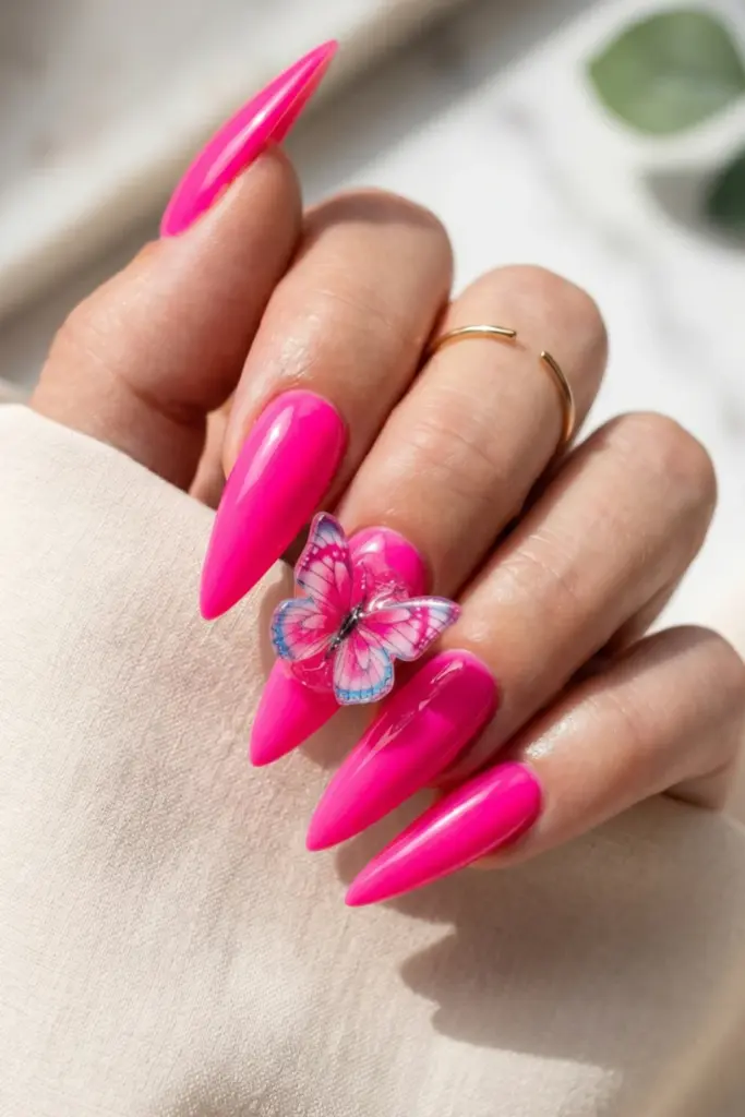 neon-pink-butterfly-charms-girly-stiletto-summer-nail-designs-ideas