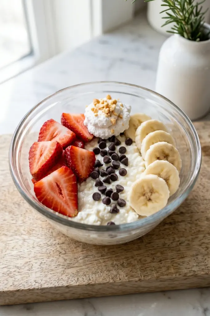 strawberry-banana-split-bowl-healthy-cottage-cheese-breakfast-ideas