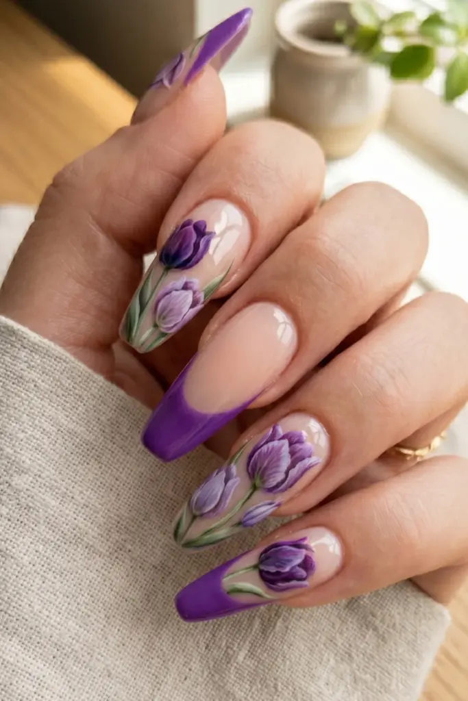 tulip-purple-negative-space-stunning-floral-french-tip-press-on-summer-nails-designs-ideas
