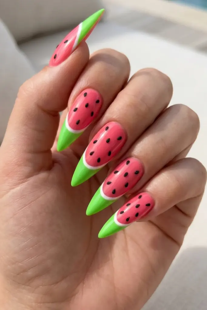 watermelon-pink-green-girly-stiletto-summer-nail-designs-ideas