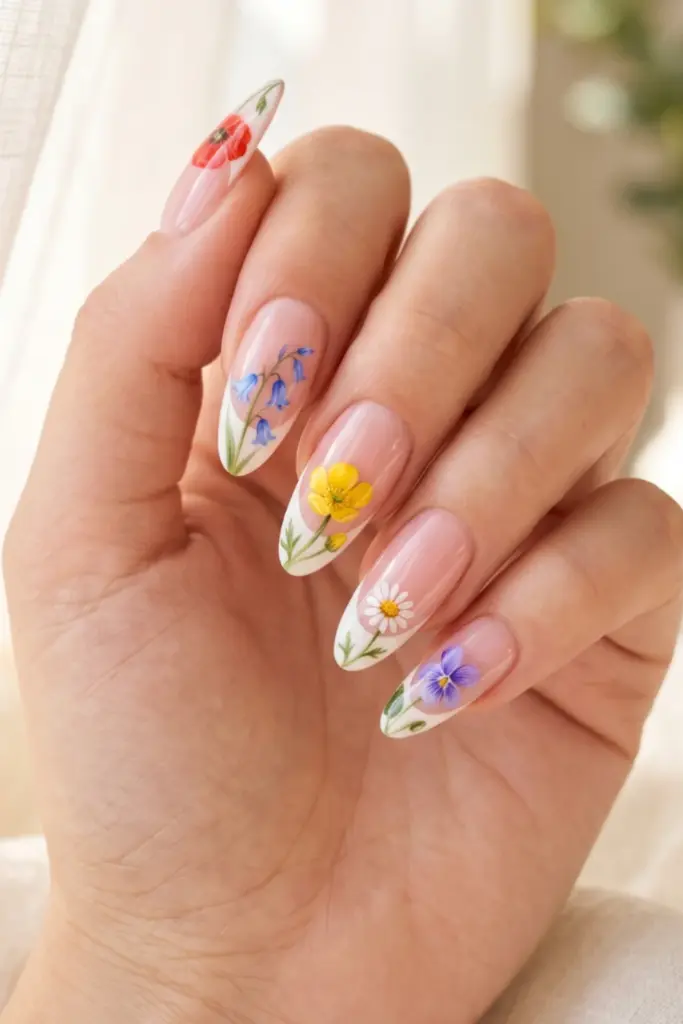 wildflower-meadow-mixed-prints-stunning-floral-french-tip-press-on-summer-nails-designs-ideas