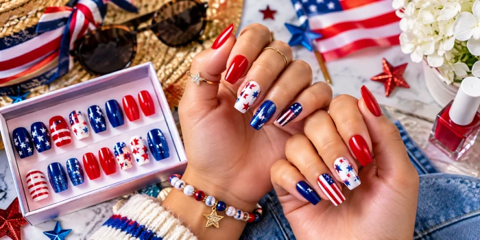 Best easy press-on nail ideas for Fourth of July weekend featuring vibrant red white and blue patriotic nails with stars stripes and glitter accents
