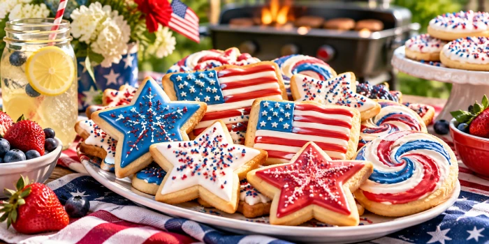 Best Fourth of July Summer Cookies for BBQ Parties featuring colorful red, white, and blue star-shaped cookies, flag cookies, swirls, sprinkles, fresh berries, lemonade, and a festive outdoor barbecue table.