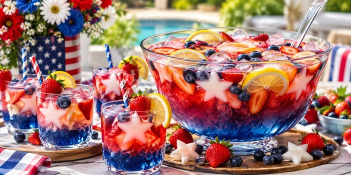 Best Fourth of July Summer Party Punch Recipes featuring vibrant red, white, and blue fruit punch with strawberries, blueberries, lemon slices, ice, and festive star-shaped garnishes for a summer celebration.