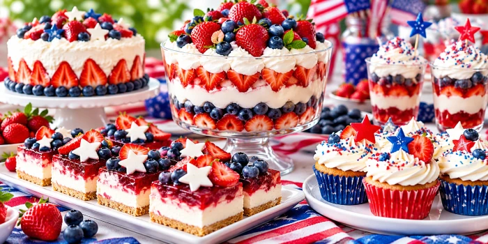 Best red, white and blue Fourth of July desserts featuring berry-topped cheesecake bars, strawberry and blueberry trifle, patriotic cupcakes, and festive layered cake.