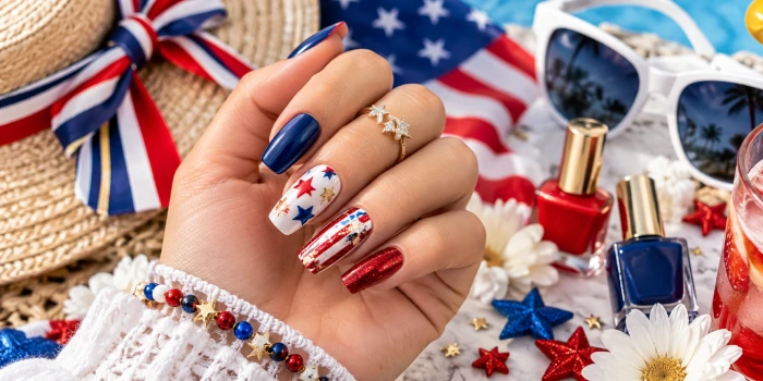 Best trendy Fourth of July summer nail color design ideas featuring glossy red, white, and navy blue nails with stars, stripes, glitter accents, and festive summer details.