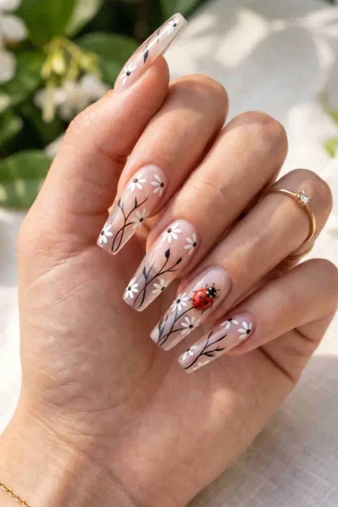 black-white-negative-space-ladybug-daisy-summer-nail-designs