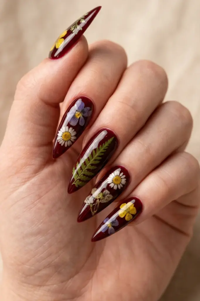 blood-red-dried-pressed-florals-ravishing-red-stiletto-nails-floral-summer-designs-ideas