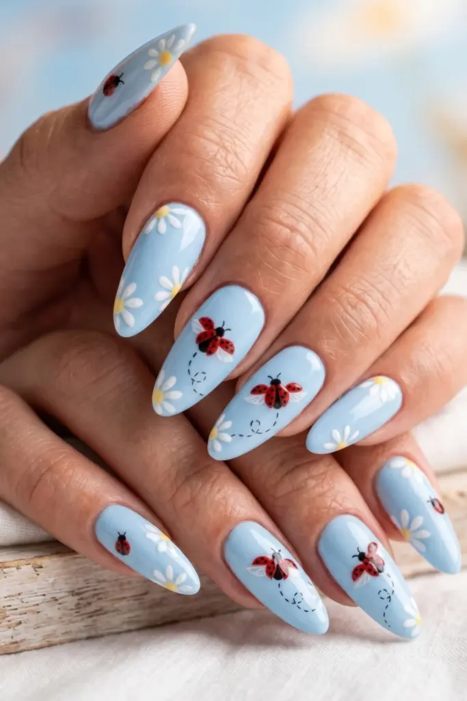 blue-sky-base-flying-ladybug-daisies-summer-nail-designs