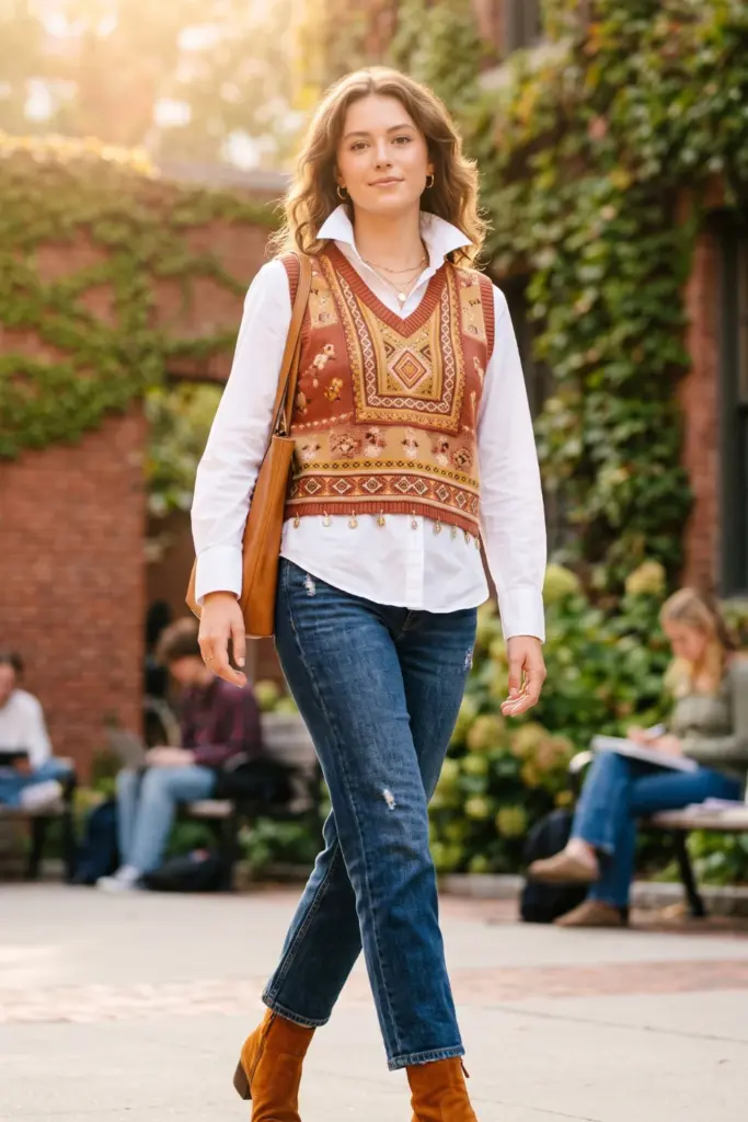 bohemian-knit-vest-white-dress-shirt-ankle-boots-school-outfit-picture-day