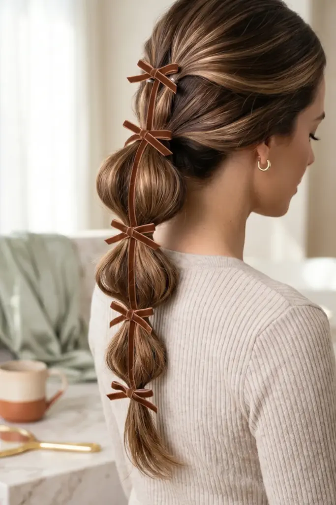 bubble-ponytail-brown-ribbons-fall-hairstyles
