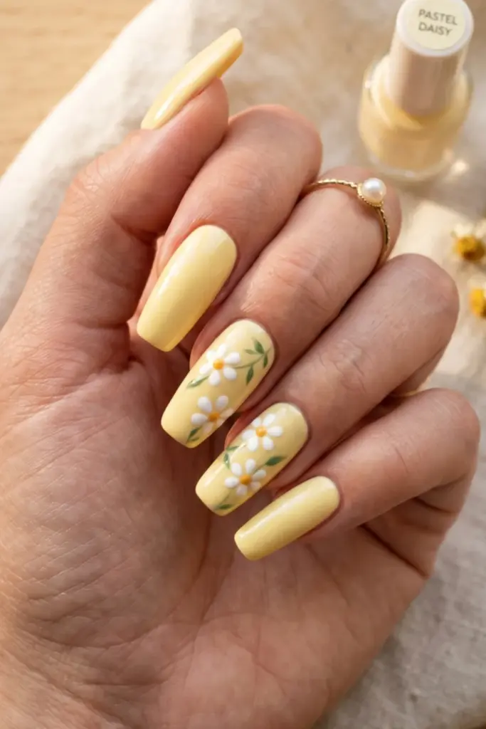 butter-yellow-daisy-accents-pastel-summer-nail-design-ideas