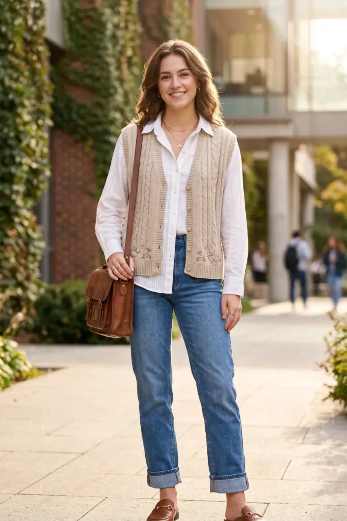 button-down-shirt-sweater-vest-unbuttoned-cute-school-outfit-ideas
