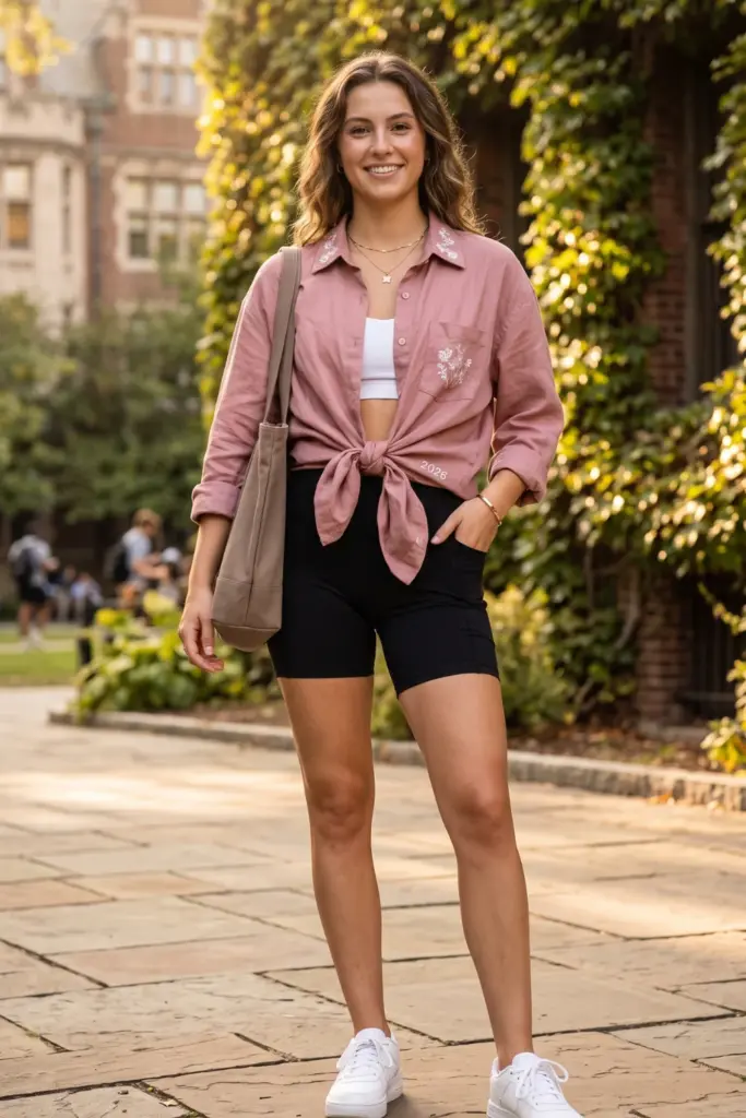 button-up-shirt-tied-waist-bike-shorts-cute-everyday-school-outfits-pinterest