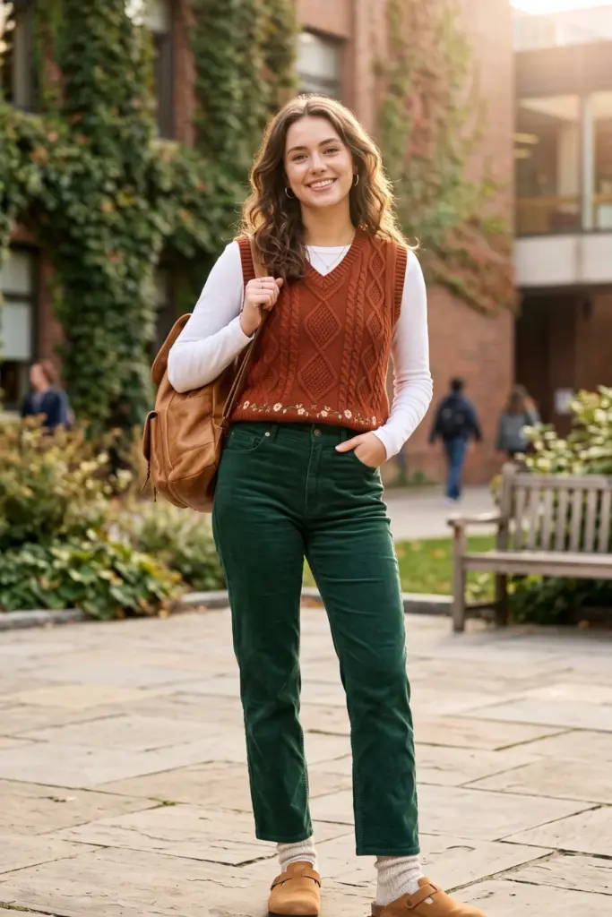 cable-knit-vest-corduroy-pants-cute-school-outfit-ideas