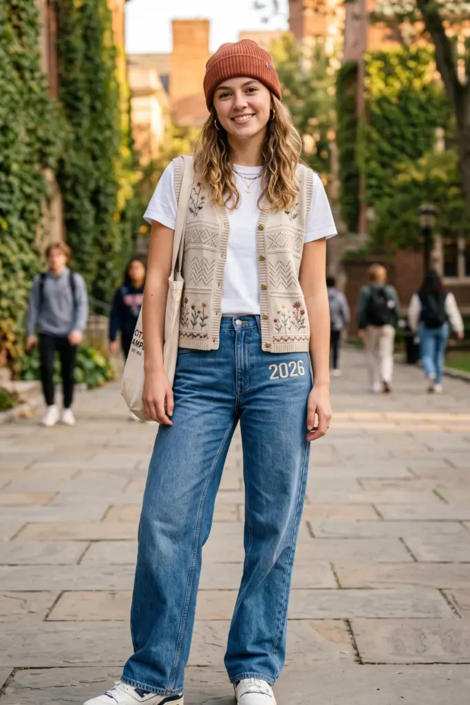 cardigan-vest-wide-leg-jeans-cute-school-outfit-ideas