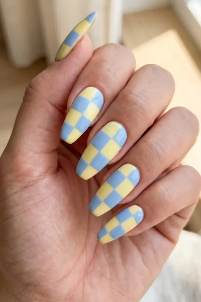 checkerboard-pastel-blue-butter-yellow-girly-summer-nail-design-ideas