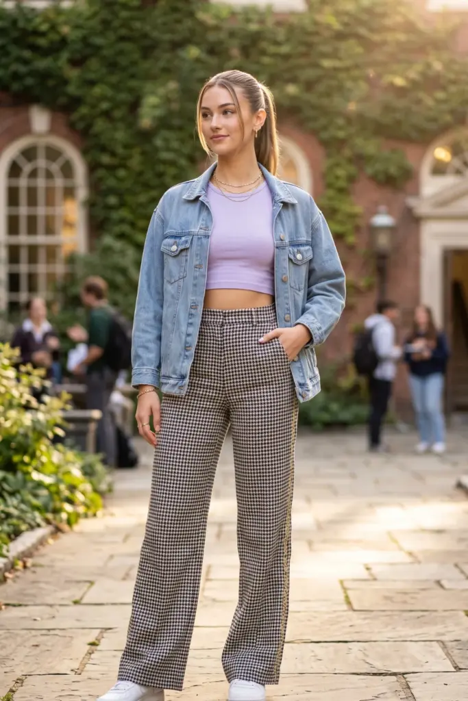 checkered-pants-solid-crop-top-denim-jacket-cute-everyday-school-outfits-pinterest