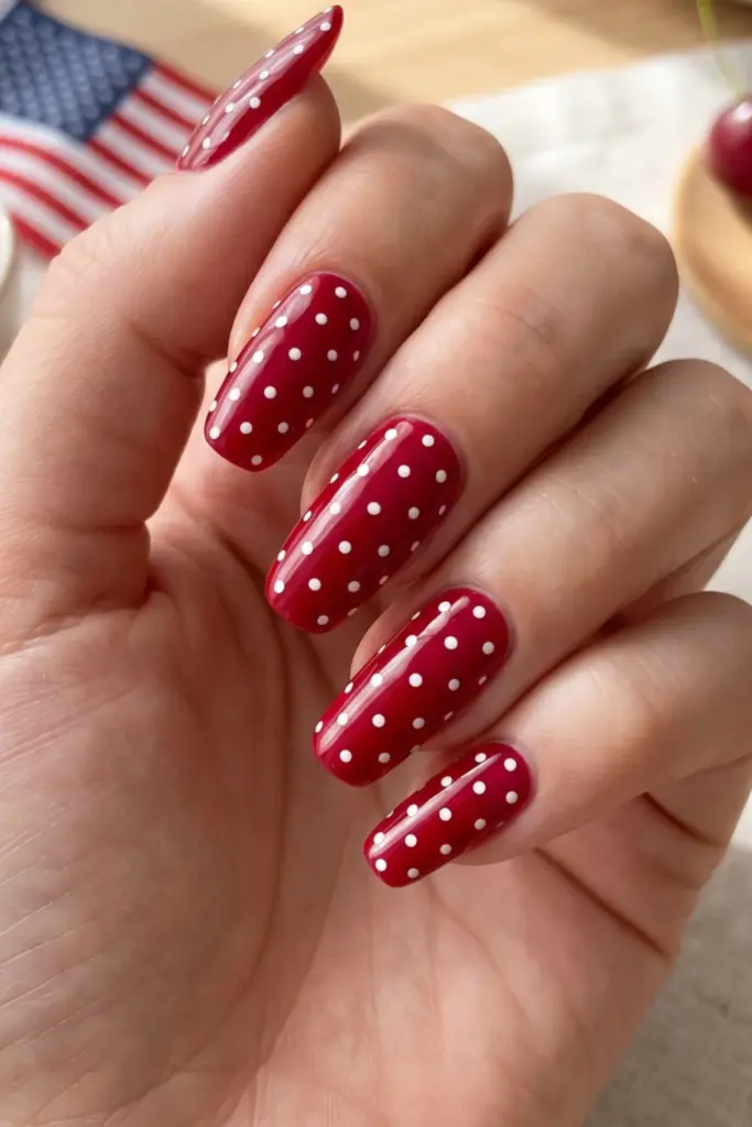 cherry-red-tiny-white-dots-fourth-july-summer-nail-colors-design-ideas