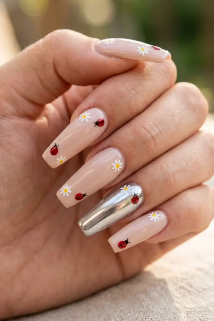 chrome-silver-accent-ladybug-daisy-stickers-summer-nail-designs