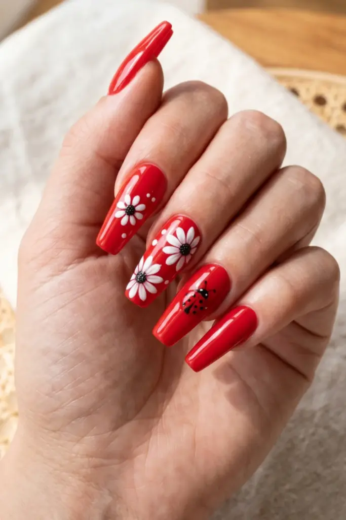 classic-red-ladybug-white-daisies-summer-nail-designs