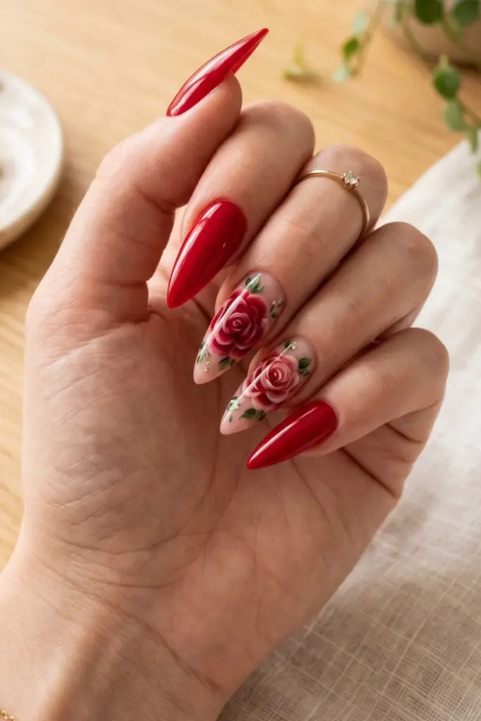 classic-red-rose-stiletto-ravishing-red-nails-floral-summer-designs-ideas