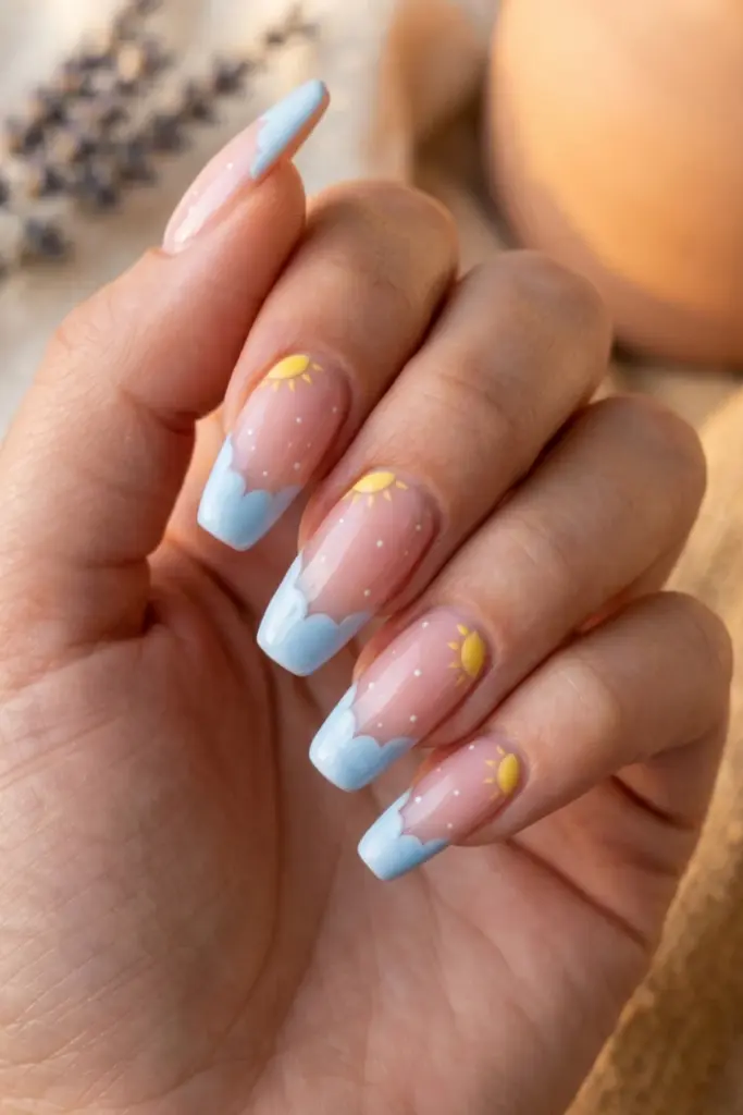 cloud-tips-sun-corners-blue-yellow-girly-summer-nail-design-ideas