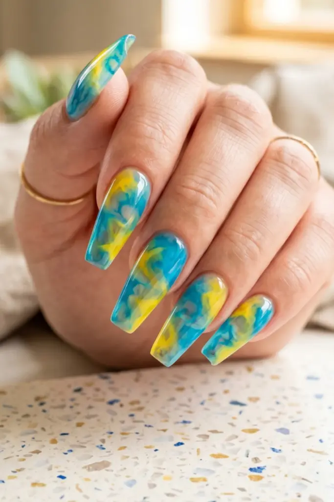 blue-yellow-tie-dye-jelly-nails-girly-summer-nail-design-ideas