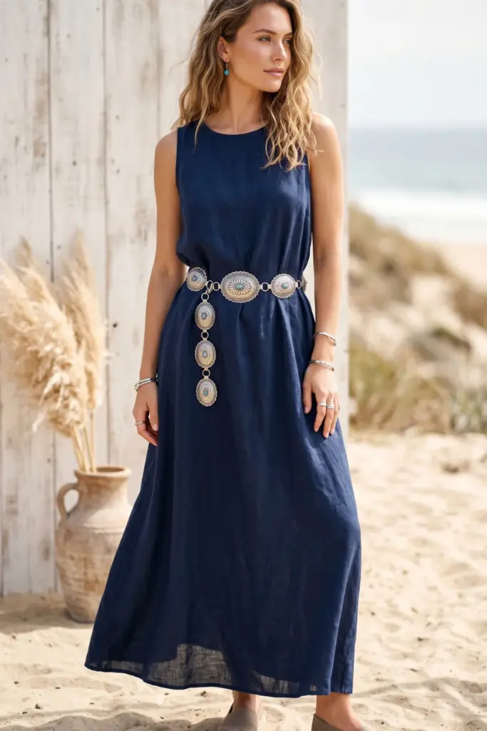 coastal-cowgirl-fourth-july-outfits-concho-belt-flowy-navy-maxi-dress-espadrilles