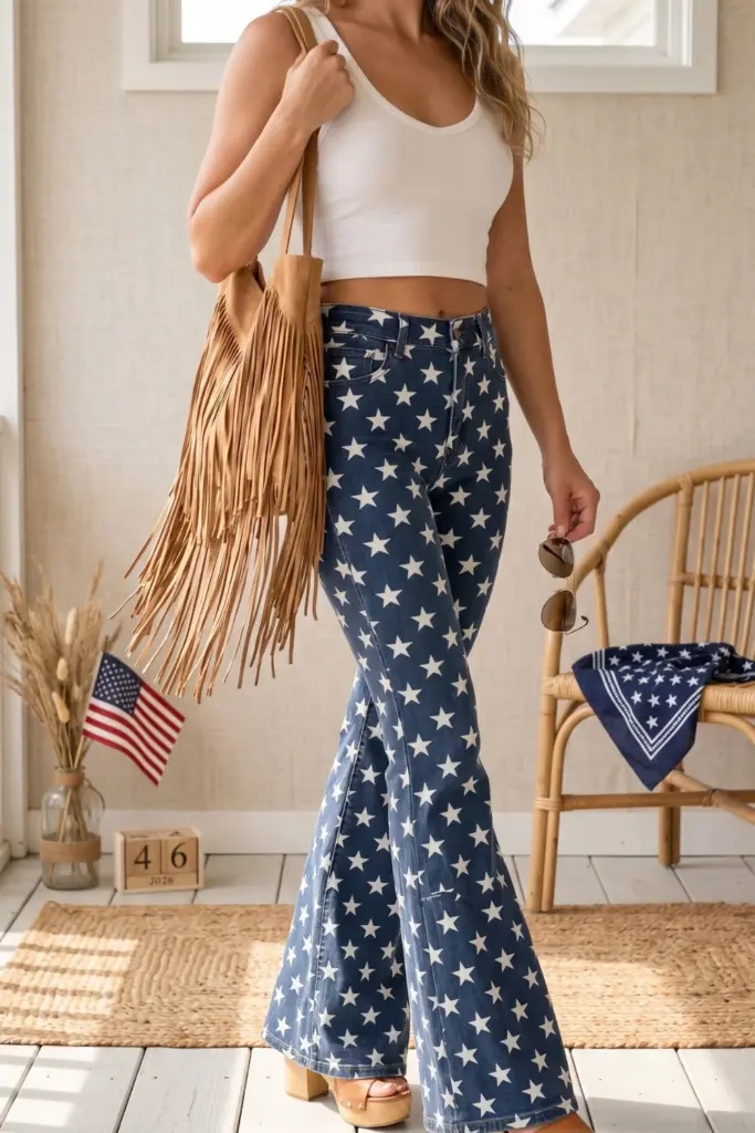 coastal-cowgirl-fourth-july-outfits-fringed-tote-bag-star-pattern-bell-bottom-jeans