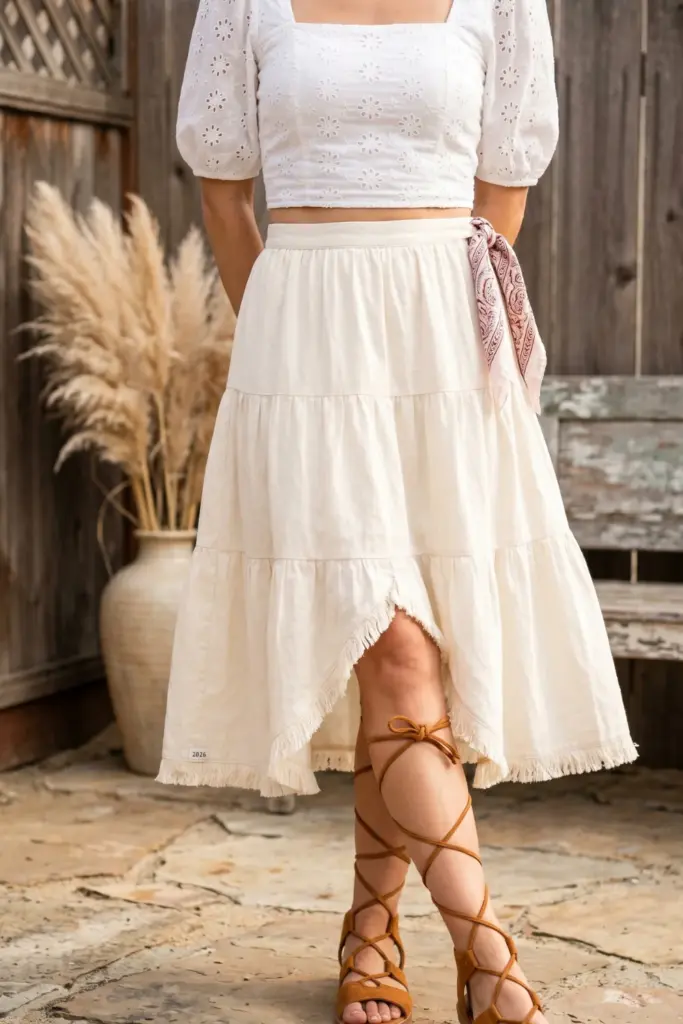 coastal-cowgirl-fourth-july-outfits-lace-up-suede-sandals-white-eyelet-crop-top-fringe