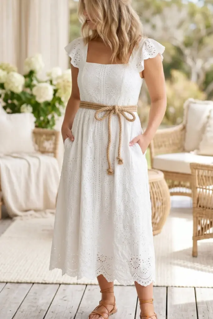 coastal-cowgirl-fourth-july-outfits-nautical-rope-belt-white-lace-midi-dress