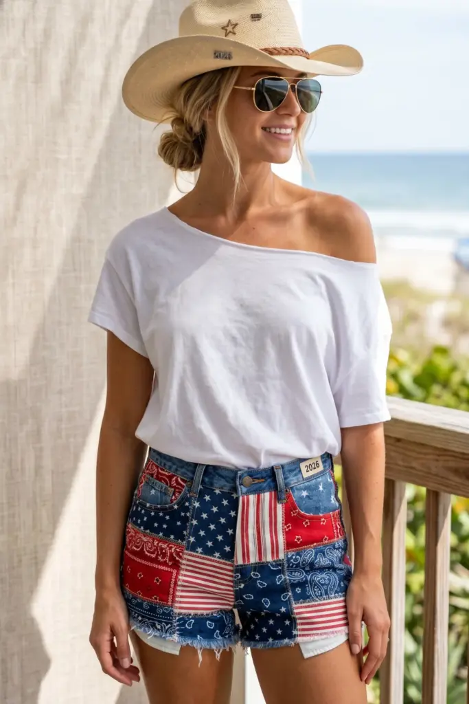 coastal-cowgirl-fourth-july-outfits-patriotic-patchwork-denim-shorts-off-shoulder-top