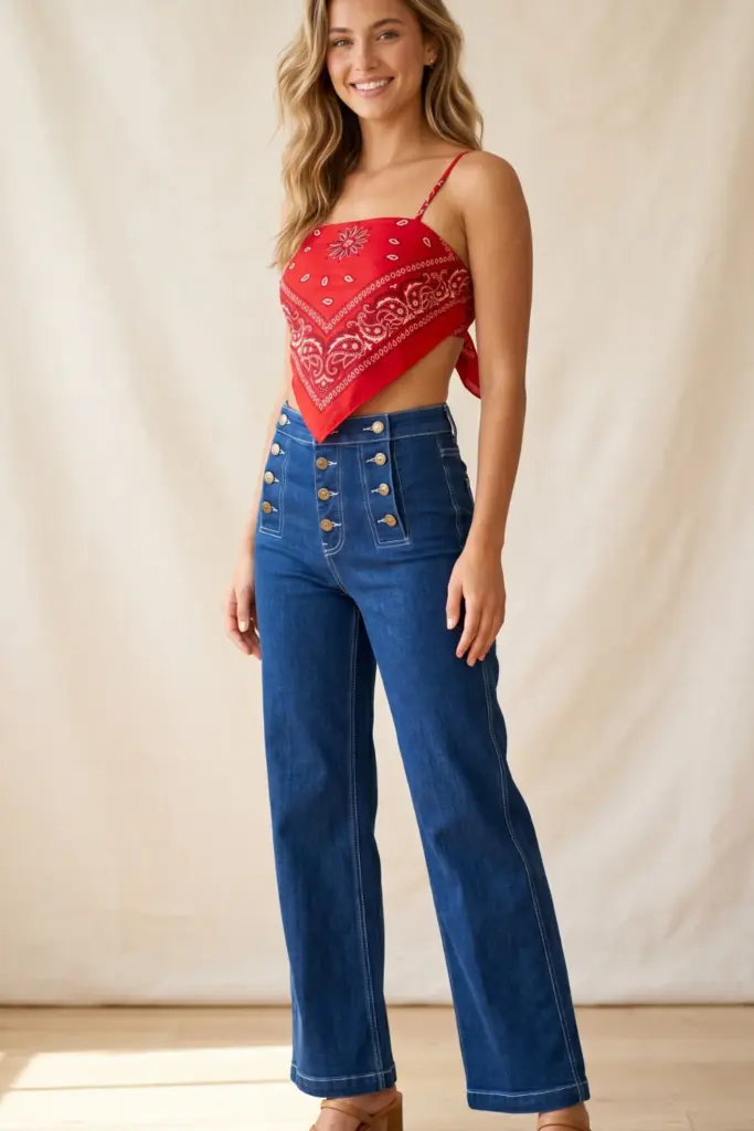 coastal-cowgirl-fourth-july-outfits-red-bandana-top-blue-high-waist-sailor-jeans