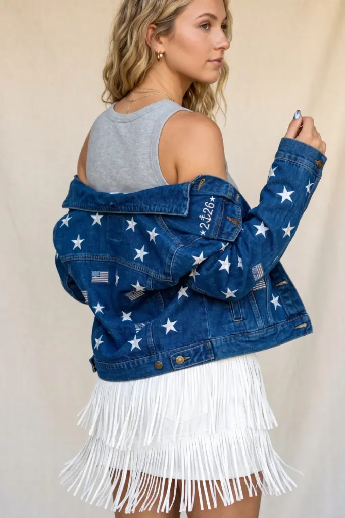 coastal-cowgirl-fourth-july-outfits-star-spangled-denim-jacket-white-fringe-skirt