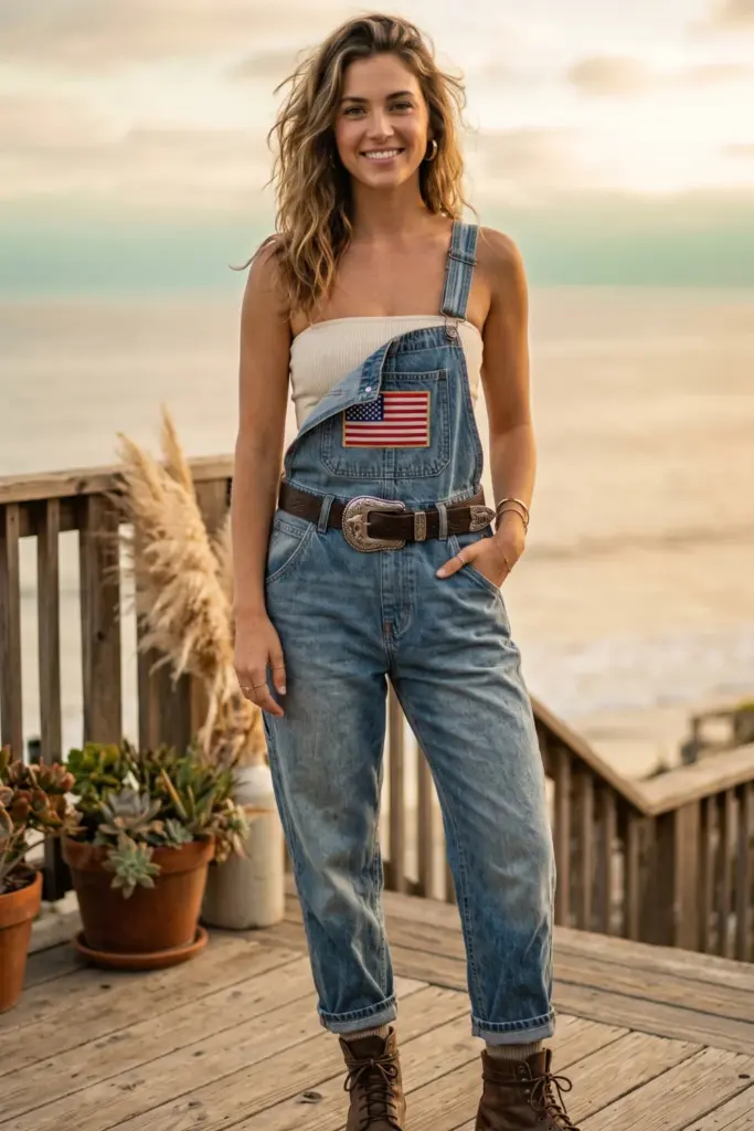 coastal-cowgirl-fourth-july-outfits-rodeo-belt-buckle-denim-overalls-flag-patch