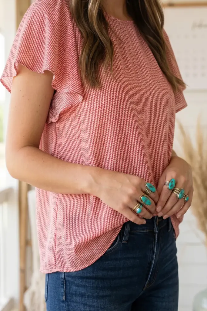 coastal-cowgirl-fourth-july-outfits-turquoise-ring-set-flutter-sleeve-red-white-blouse