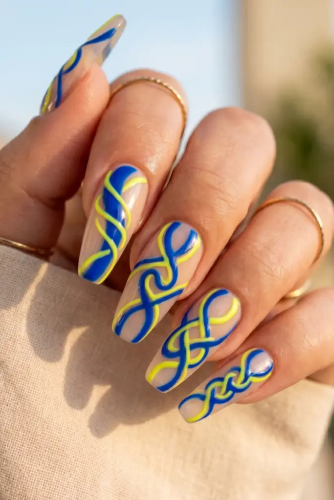 cobalt-blue-neon-yellow-swirls-girly-summer-nail-design-ideas