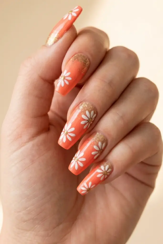 coral-gold-glitter-hand-painted-daisies-summer-nail-designs