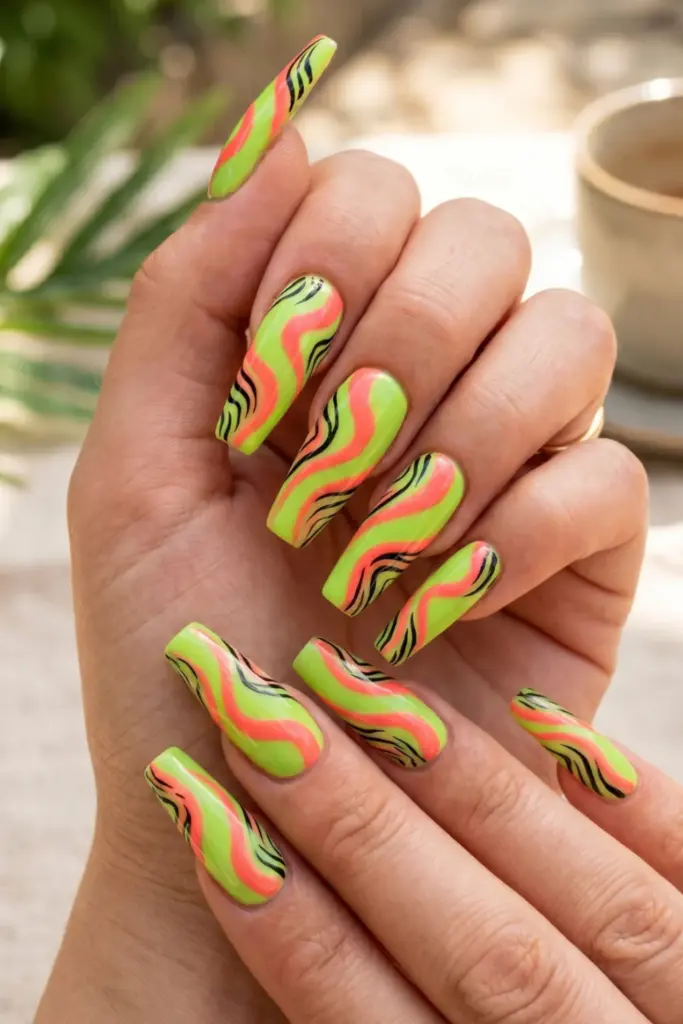 coral-pink-lime-zebra-meets-swirl-abstract-stunning-neon-abstract-swirl-acrylic-summer-nails-designs-ideas