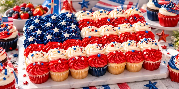 Creative patriotic cupcake cake ideas for July 4th featuring red, white, and blue frosting, star sprinkles, and festive American flag-inspired decorations.